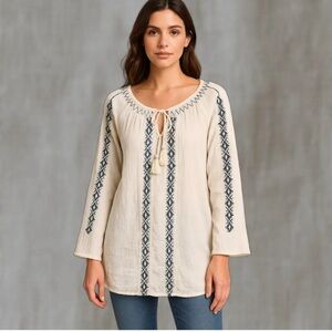 Nine West Vintage America Embroidered Boho Peasant Top White Cotton Coastal L